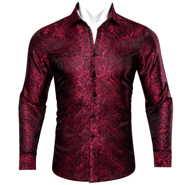 Red Black Paisley Men's Long Sleeve Silk Shirt
