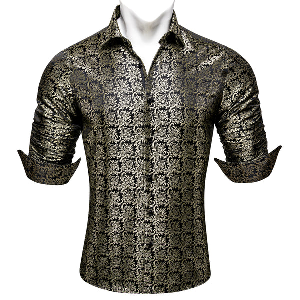 Black Champagne Floral Silk Men's Long Sleeve Shirt
