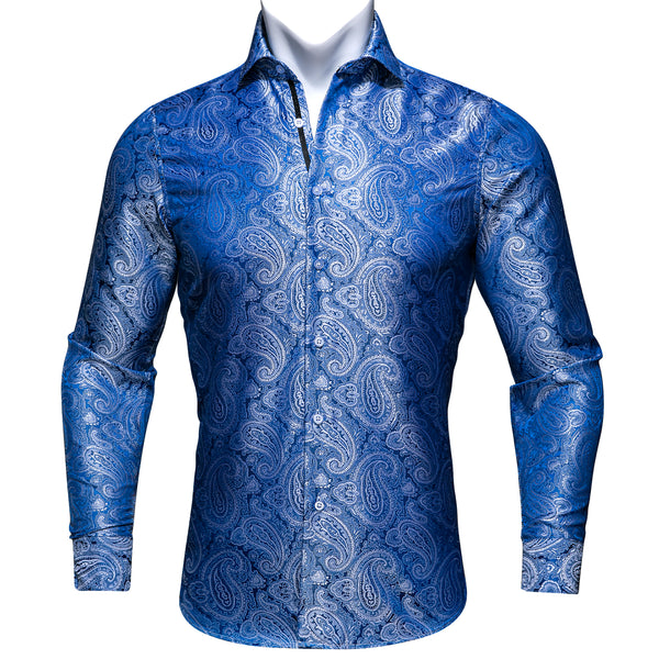 Fashion Blue Paisley Silk Men's Long Sleeve Shirt