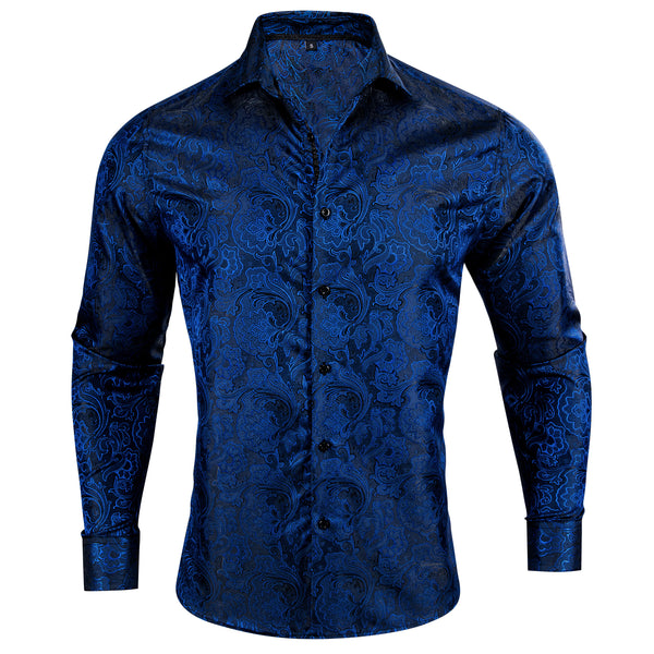 Fashion Black Deep Blue Paisley Silk Men's Long Sleeve Shirt