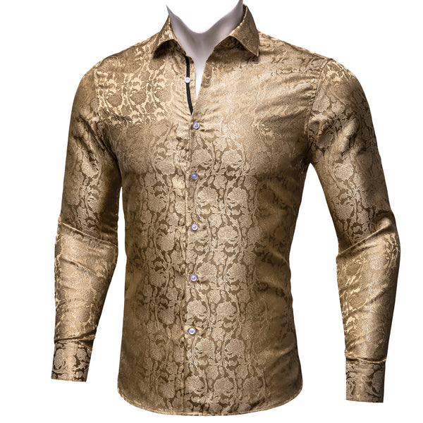 Champagne Brown Floral Silk Men's Long Sleeve Shirt