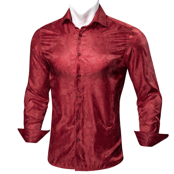 Bright Red Paisley Pattern Silk Men's Long Sleeve Shirt