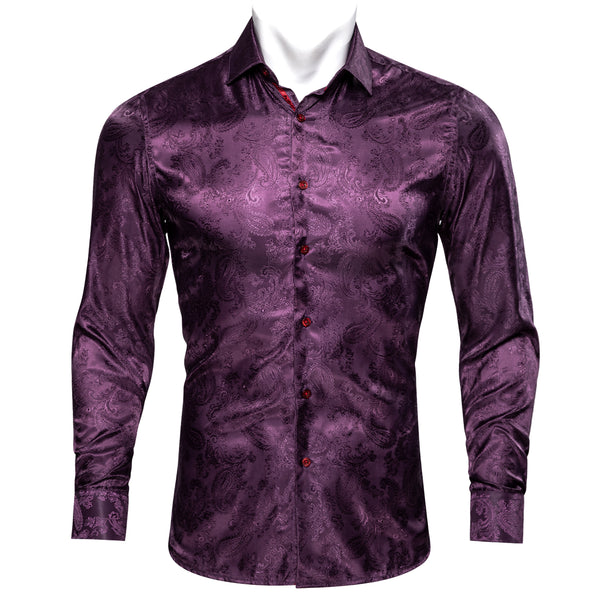 Shiny Deep Purple Paisley Pattern Silk Men's Long Sleeve Shirt