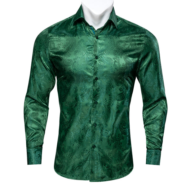 Shiny Green Paisley Pattern Silk Men's Long Sleeve Shirt