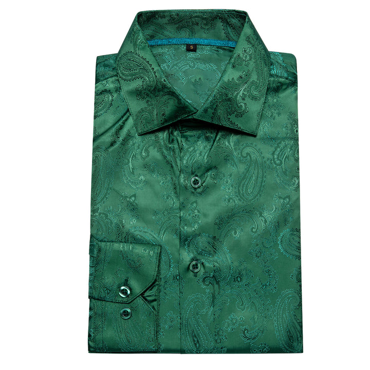 Shiny Green Paisley Pattern Silk Men's Long Sleeve Shirt