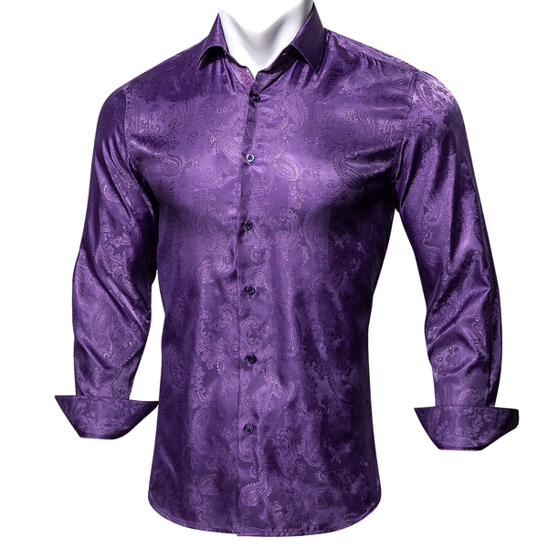Lavender Purple Paisley Pattern Silk Men's Long Sleeve Shirt