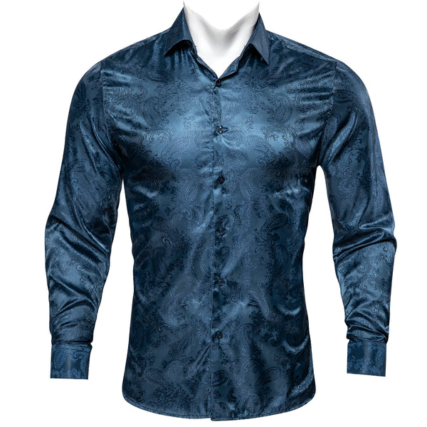 Grey Blue Paisley Pattern Silk Men's Long Sleeve Shirt