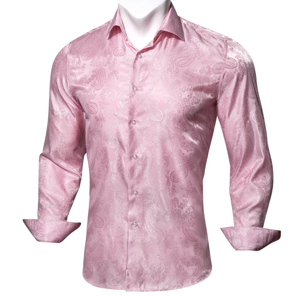 Baby Pink Paisley Pattern Silk Men's Long Sleeve Shirt
