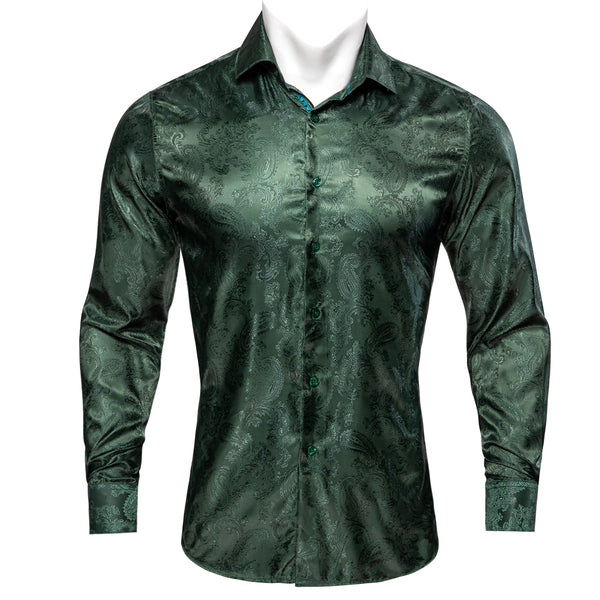 Grey Green Paisley Pattern Silk Men's Long Sleeve Shirt