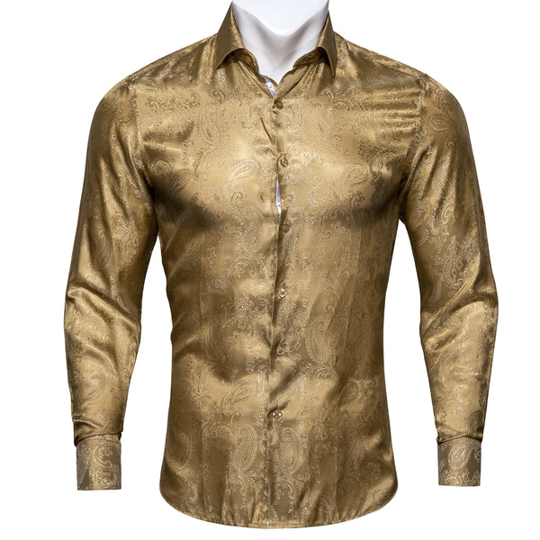 Khaki Yellow Paisley Pattern Silk Men's Long Sleeve Shirt