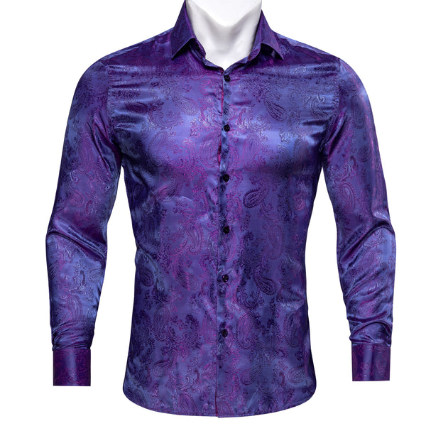 Shiny Blue Purple Paisley Pattern Silk Men's Long Sleeve Shirt