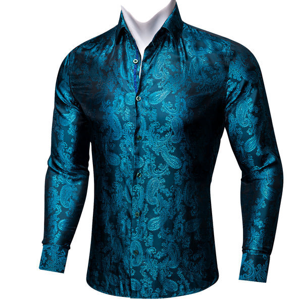 Lake Blue Paisley Pattern Silk Men's Long Sleeve Shirt