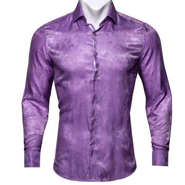 Purple Paisley Pattern Silk Men's Long Sleeve Shirt