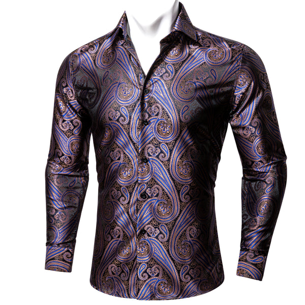 Silver Purple Blue Paisley Pattern Silk Men's Long Sleeve Shirt