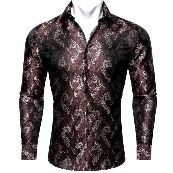 New Brown Floral Pattern Silk Men's Long Sleeve Shirt