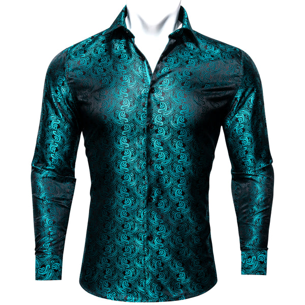 Black Lake Blue Paisley Pattern Silk Men's Long Sleeve Shirt