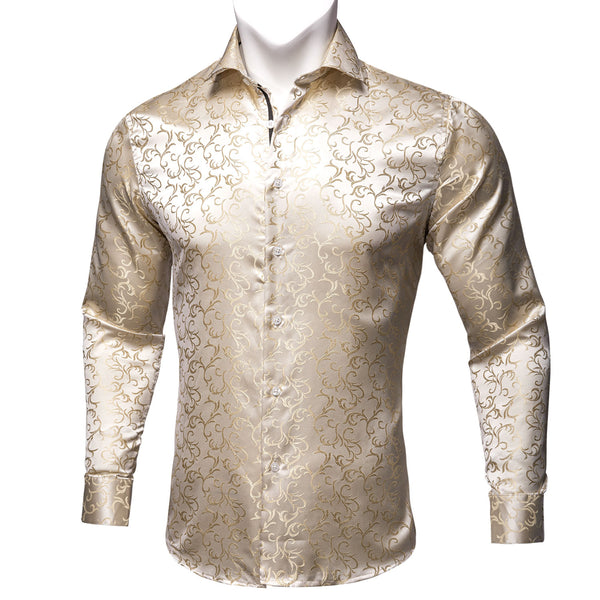 Champagne Floral Style Silk Men's Long Sleeve Shirt