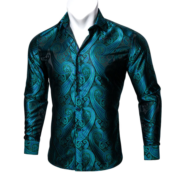New Green Black Paisley Style Silk Men's Long Sleeve Shirt