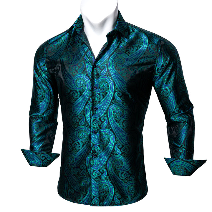 New Green Black Paisley Style Silk Men's Long Sleeve Shirt – ties2you
