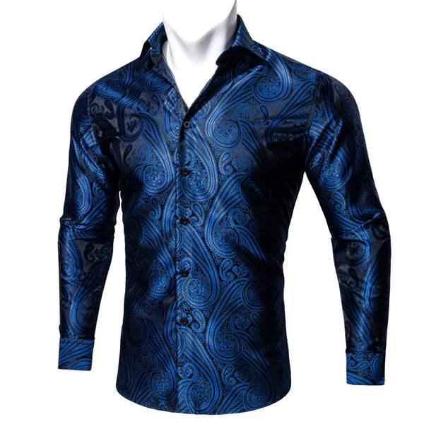 Blue Black Paisley Style Silk Men's Long Sleeve Shirt