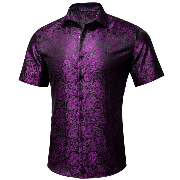 Ties2you Button Down Shirt for Mens Deep Purple Paisley Silk Short Sleeve Shirt