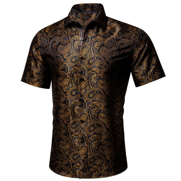 Black Golden Paisley Silk Men's Short Sleeve Shirt