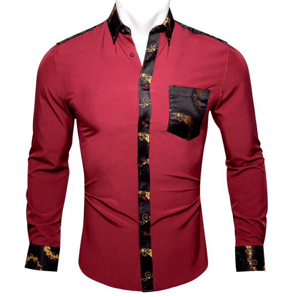 New Splicing Style Red with Black Paisley Edge Men's Long Sleeve Shirt