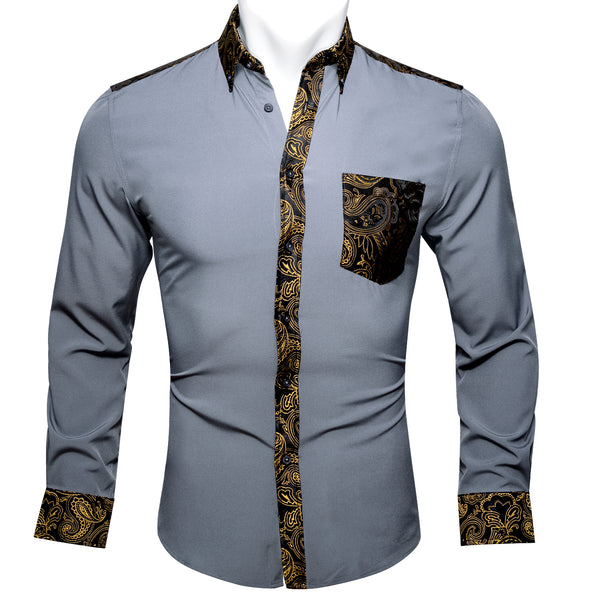 New Splicing Style Grey with Black Paisley Edge Men's Long Sleeve Shirt