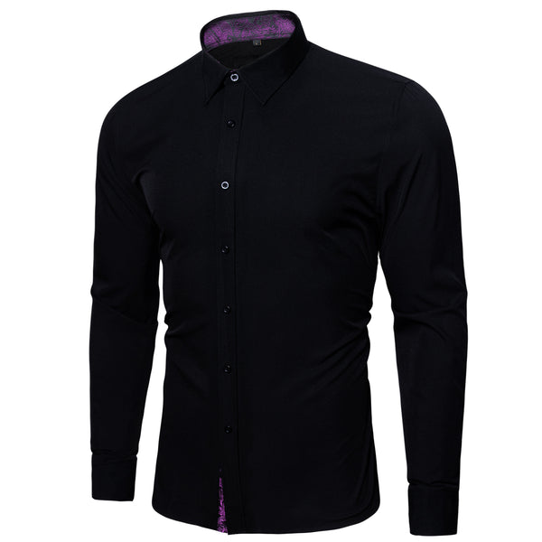 New Splicing Style Black with Purple Paisley Edge Men's Long Sleeve Shirt