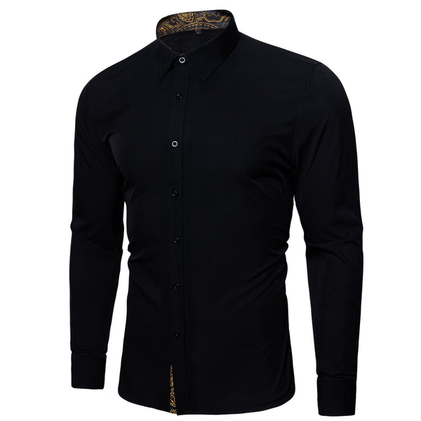 New Splicing Style Black with Golden Paisley Edge Men's Long Sleeve Shirt