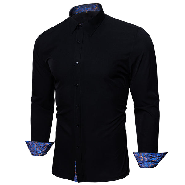 Splicing Style Black with Blue Paisley Edge Men's Long Sleeve Shirt