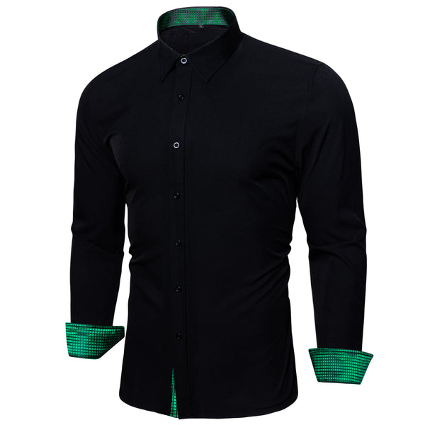 Splicing Style Black with Green Plaid Edge Men's Long Sleeve Shirt