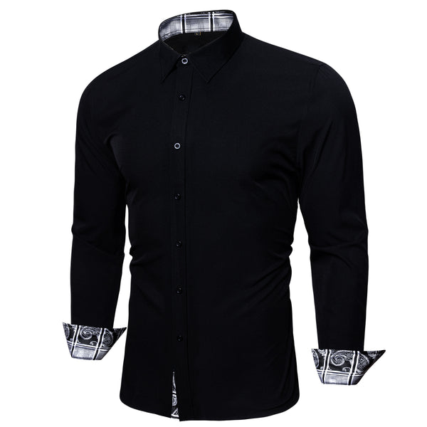 Splicing Style Black with White Plaid Edge Men's Long Sleeve Shirt