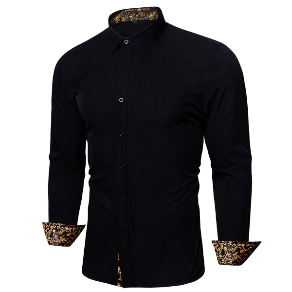 New Splicing Style Black with Golden Floral Edge Men's Long Sleeve Shirt