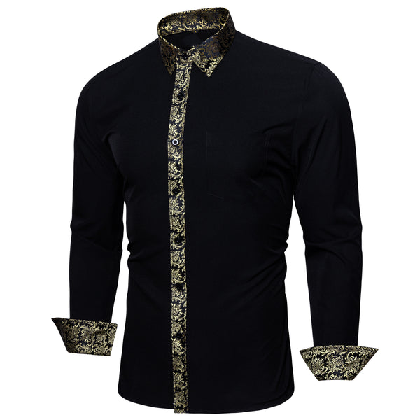 Splicing Style White with Champagne Floral Edge Men's Long Sleeve Shirt