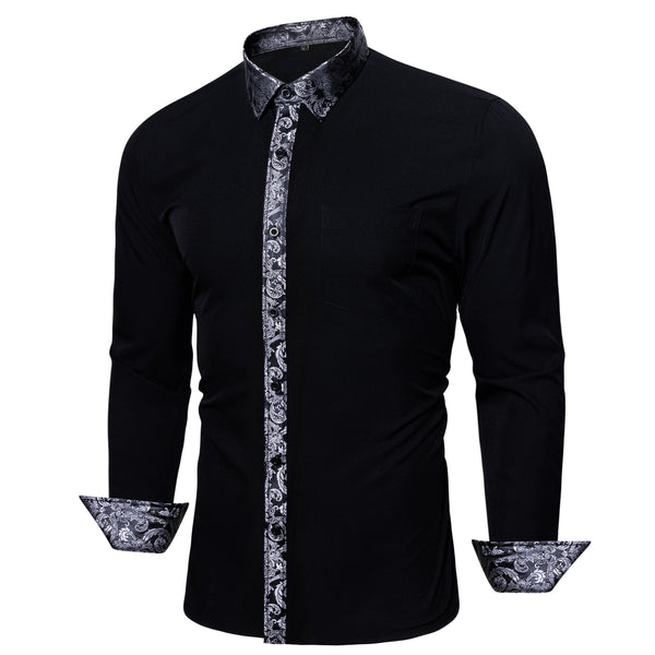 Splicing Style White with White Floral Edge Men's Long Sleeve Shirt
