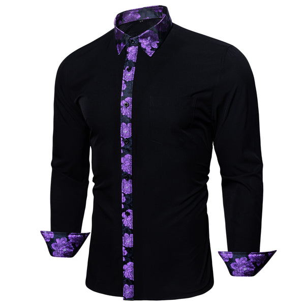 Splicing Style White with Purple Floral Edge Men's Long Sleeve Shirt