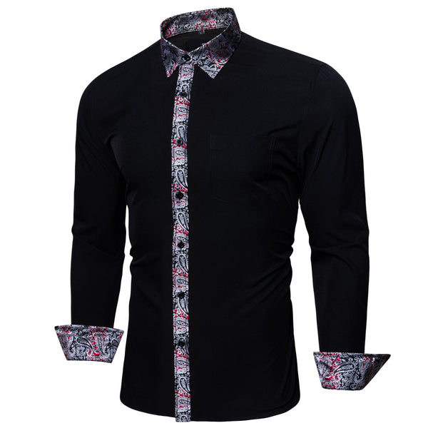 Splicing Style Black with Silver Paisley Edge Men's Long Sleeve Shirt