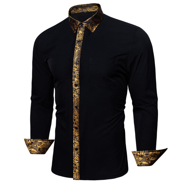 Splicing Style Black with Golden Paisley Edge Men's Long Sleeve Shirt