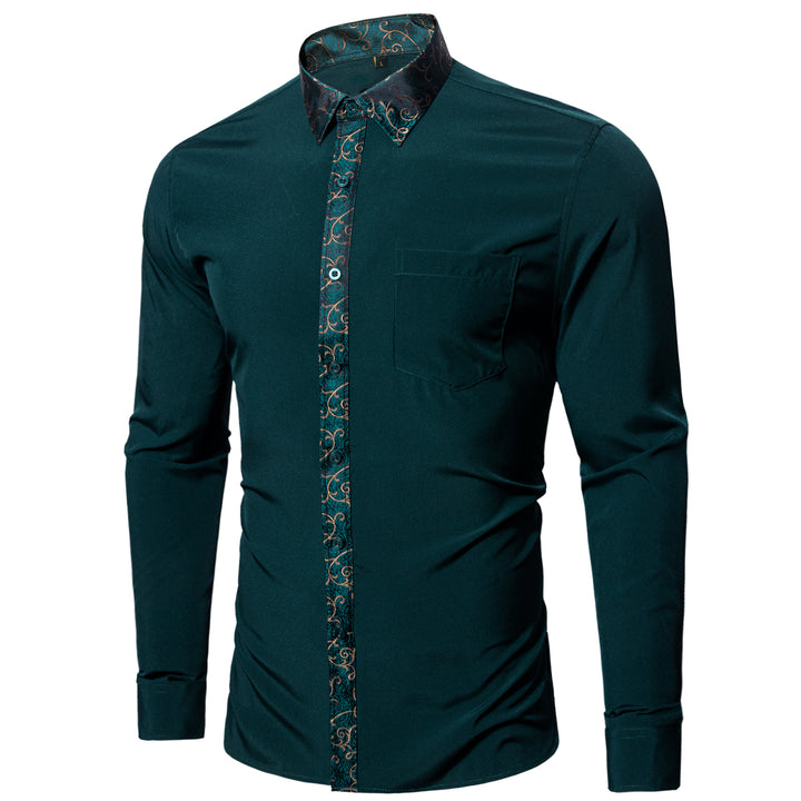 Splicing Style Dark Green with Green Floral Edge Men's Long Sleeve Shirt