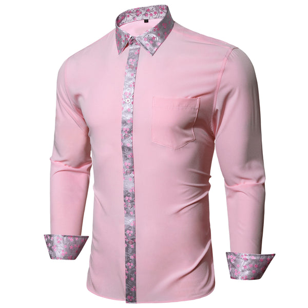 Splicing Style Pink with Pink Silver Floral Edge Men's Long Sleeve Shirt