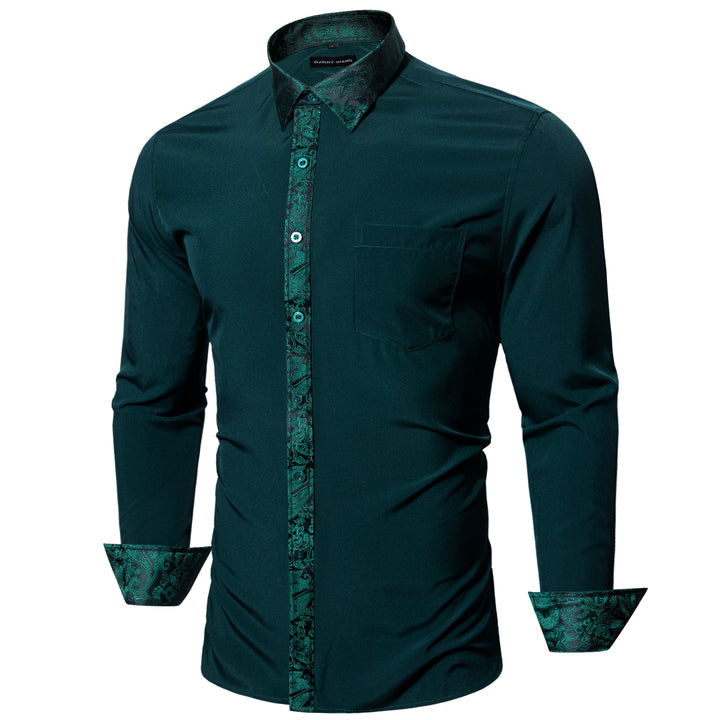 Button Down Shirt Splicing Style Dark Green with Green Paisley Edge Men's Long Sleeve Shirt