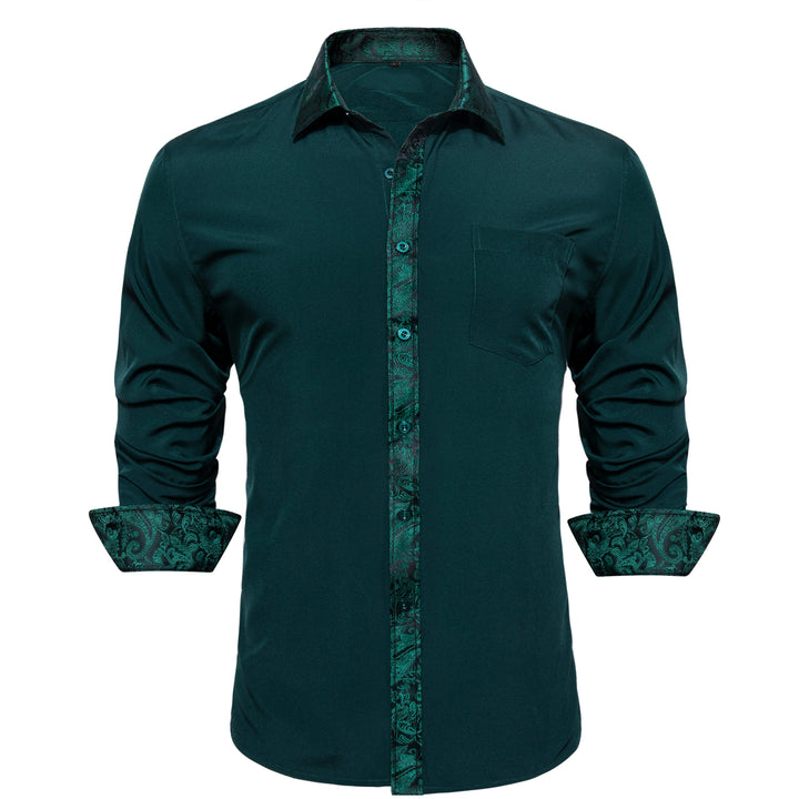 Button Down Shirt Splicing Style Dark Green with Green Paisley Edge Men's Long Sleeve Shirt