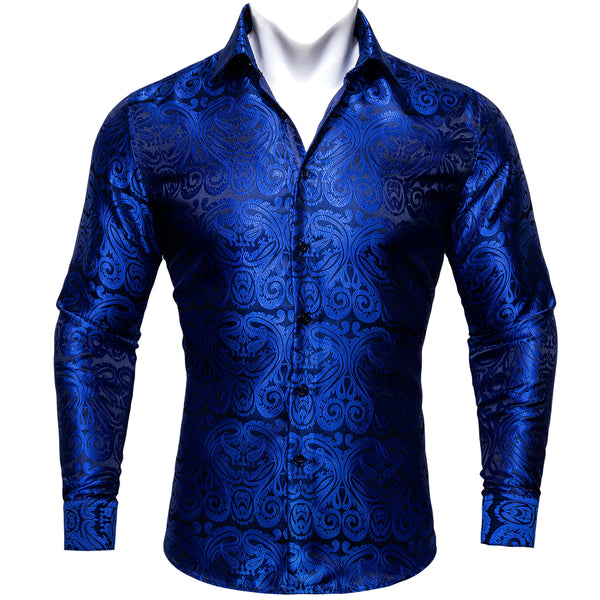 New Klein Blue Floral Silk Men's Long Sleeve Shirt