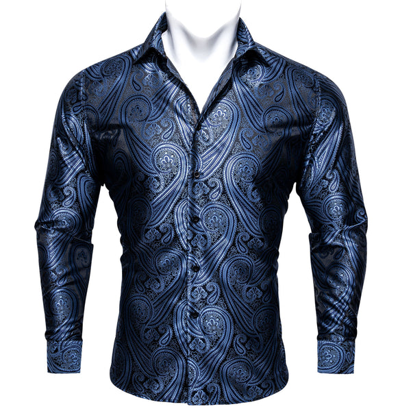 Grey Blue Paisley Style Silk Men's Long Sleeve Shirt