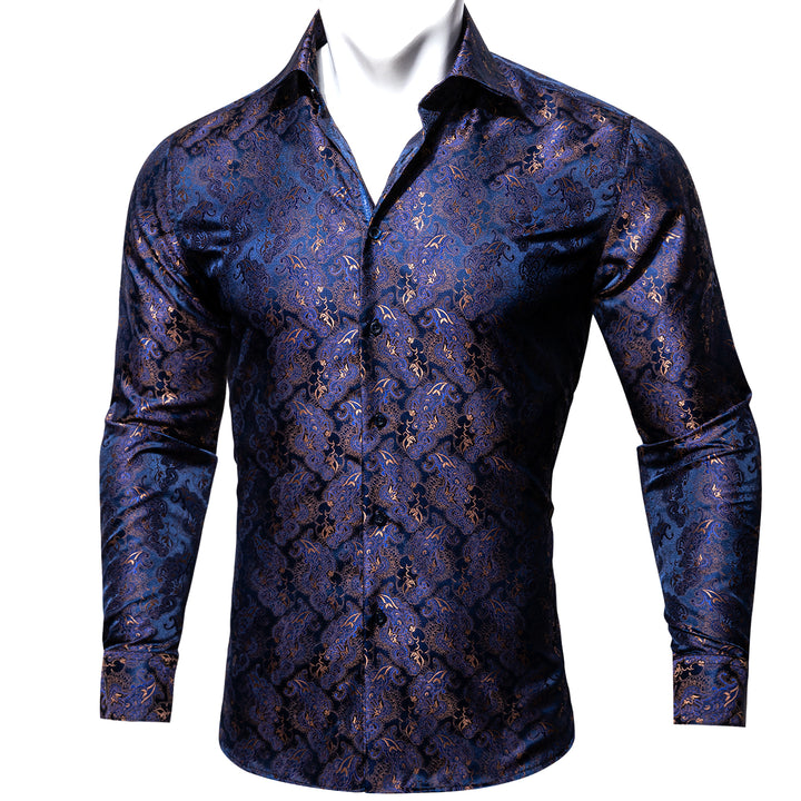 Blue Golden Floral Silk Men's Long Sleeve Shirt – ties2you
