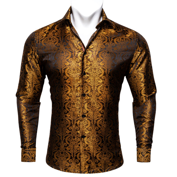 Golden Brown Paisley Style Silk Men's Long Sleeve Shirt