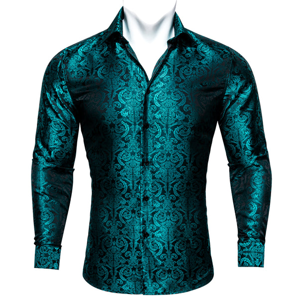 New Lake Blue Paisley Style Silk Men's Long Sleeve Shirt
