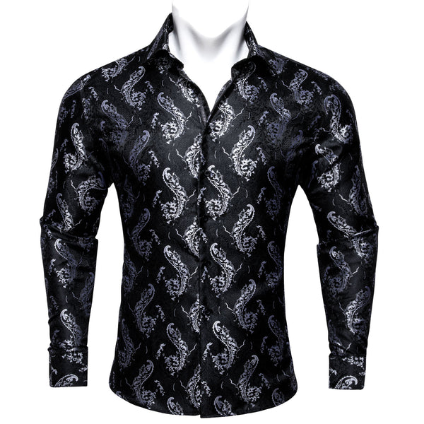 New Black White Floral Style Silk Men's Long Sleeve Shirt