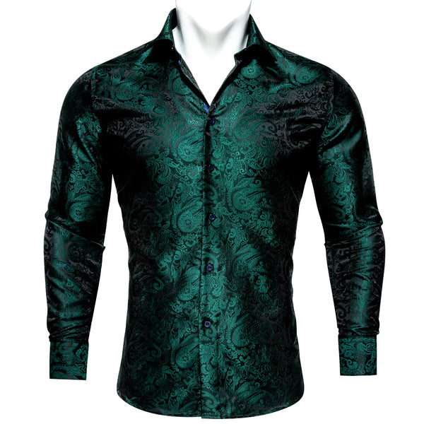 Black Green Paisley Style Silk Men's Long Sleeve Shirt